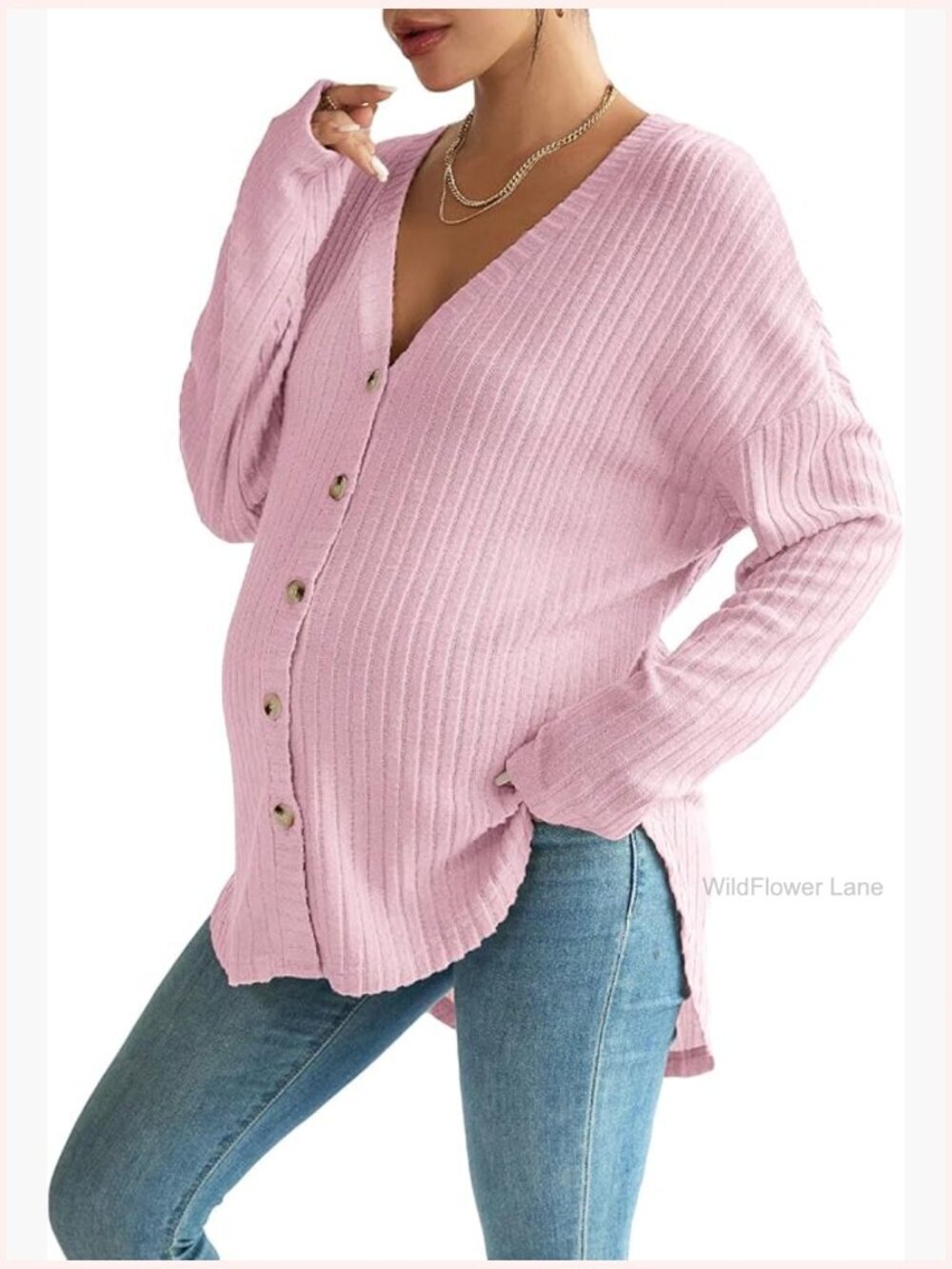 Long Sleeve Ribbed Knit Button Down Maternity Shirt V Neck Drop Shoulder Fall